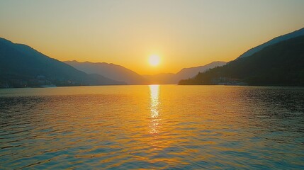 Golden Sunset Over Mountain Lake Landscape