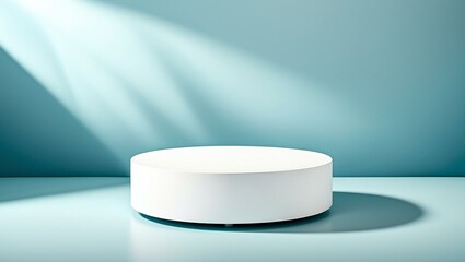 Abstract empty white podium with geometric shadows on blue background. Mock up stand for product presentation. 