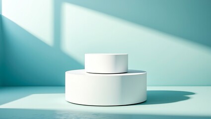 Abstract empty white podium with geometric shadows on blue background. Mock up stand for product presentation. Minimal concept