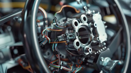 Close-up of a car's steering wheel hub, showing exposed mechanics and wiring.