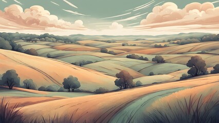 Obraz premium Serene digital painting of rolling hills under a dreamy sky, perfect for idyllic landscape backgrounds.