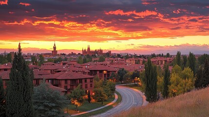 Obraz premium Fiery Sunset Over Cityscape and Cathedral