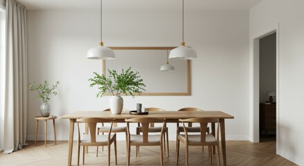 Minimalist dining room, Scandinavian design, wooden table, mid-century modern chairs, white pendant lights, white brick wall, potted plant, neutral color palette, natural light, clean lines, open spac