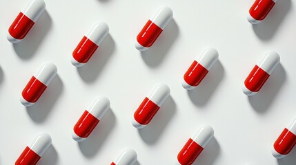 Red and white capsule pills pattern on flat lay for healthcare background use
