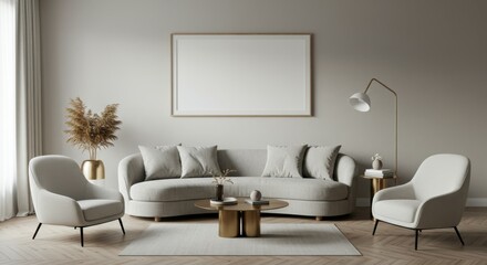 Minimalist living room, white sofa, large empty frame, potted plants, natural light, shadow patterns, wooden floor, side table, white lamp, cozy throw blanket, neutral colors, contemporary design, cle