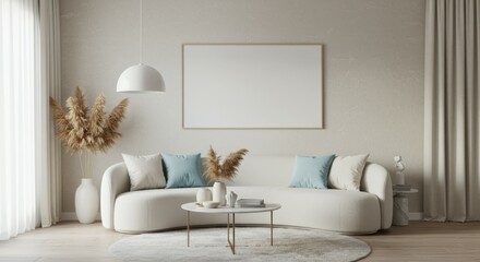 Modern minimalist living room, curved white sofa, light blue throw pillows, round coffee tables, pendant light, framed wall art, pampas grass arrangement, beige walls, cozy interior design, natural te