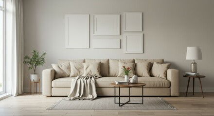 Cozy living room, neutral tones, beige sectional sofa, throw pillows, blanket, wooden coffee table, white brick wall, empty picture frames, potted plant, side table lamp, natural light from window, mi
