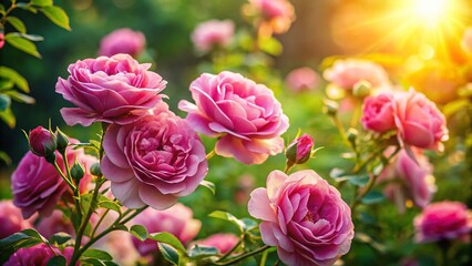 Obraz premium Vibrant Pink Roses Blooming Against Lush Green Foliage - Stunning Nature Stock Photo