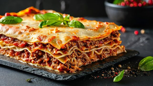 Traditional lasagna with beef bolognese and bechamel sauce, garnished with basil, Ai Generated.