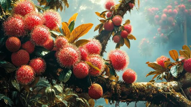 Exotic rambutan tree adorned with vibrant clusters, a tropical spectacle unfolds, Ai Generated.
