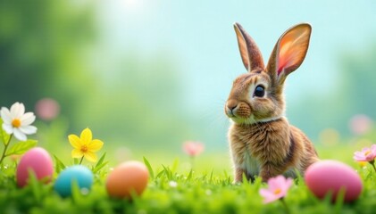 Fototapeta premium Bunny ears on a meadow with colorful flowers and Easter eggs, easter eggs, meadow, spring