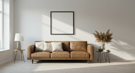 Minimalist living room, tan leather sofa, white walls, large windows, natural light, wood floor, empty picture frame, black floor lamp, dried floral arrangement, neutral color palette, scandinavian de
