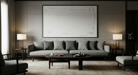 Modern minimalist living room, dark leather sofa, large blank canvas art, muted color palette, ambient lighting, wooden coffee table, zen atmosphere, textured walls, sleek design, contemporary furnitu