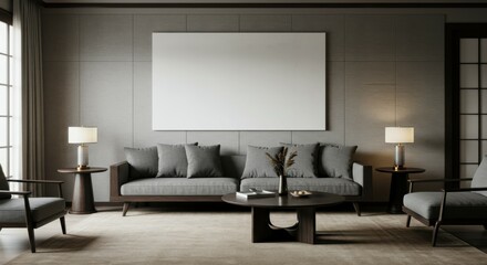 Modern minimalist living room, dark leather sofa, large blank canvas art, muted color palette, ambient lighting, wooden coffee table, zen atmosphere, textured walls, sleek design, contemporary furnitu