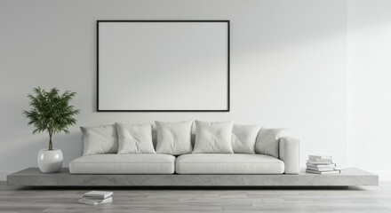 Minimalist living room, white brick wall, large windows, sheer curtains, natural light, glass coffee table, black vases, dried branches, framed artwork, monochrome interior, contemporary design, clean