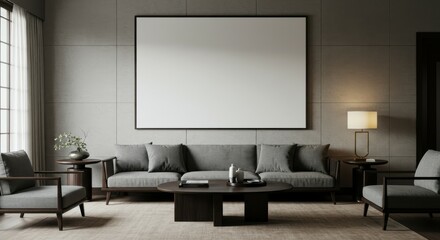 Modern minimalist living room, dark leather sofa, large blank canvas art, muted color palette, ambient lighting, wooden coffee table, zen atmosphere, textured walls, sleek design, contemporary furnitu