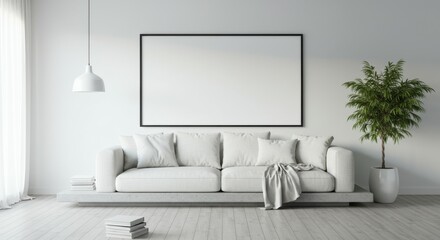 Minimalist living room, white brick wall, large windows, sheer curtains, natural light, glass coffee table, black vases, dried branches, framed artwork, monochrome interior, contemporary design, clean