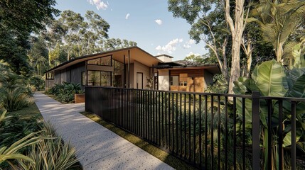 Modern home exterior, tropical landscaping, pathway, sunlight