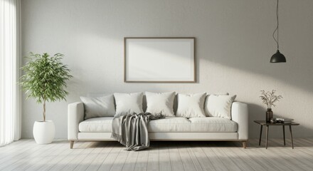 Modern minimalist living room, white sofa, textured wall, potted plant, neutral tones, empty frame, indirect lighting, cozy throw pillows, hardwood floor, contemporary interior design, sleek aesthetic