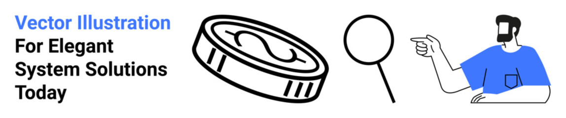 Professional man pointing at magnifying glass and coin representing financial analysis, decision-making, and system optimization. Ideal for banking, business solutions, analytics, investments