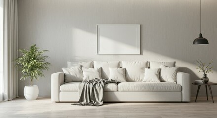 Modern minimalist living room, white sofa, textured wall, potted plant, neutral tones, empty frame, indirect lighting, cozy throw pillows, hardwood floor, contemporary interior design, sleek aesthetic