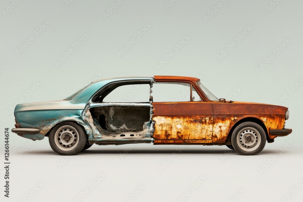 Aufkleber comparison of a severely damaged rusted car and a skillfully restored version showcasing automotive 