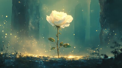 Enchanted Forest: A Single White Rose Glowing with Magical Light