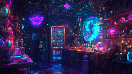 Intergalactic artifacts alien curiosity bazar shop illustration generative ai. Intergalactic Artifacts. Illustration