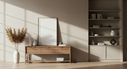 Minimalist interior design, wooden bench, white walls, dried pampas grass arrangement, empty picture frame, built-in shelving, neutral tones, natural materials, soft lighting, contemporary aesthetic, 