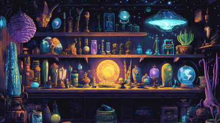 Naklejka premium Intergalactic artifacts alien curiosity bazar shop illustration generative ai. Intergalactic Artifacts. Illustration