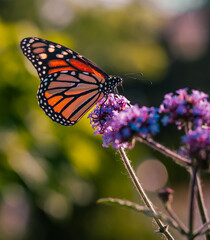 Fototapeta premium A horizontal macro photo of a perfectly lit beautiful orange and black striped monarch drinking nectar from a purple verbena on a beautiful sunlit summer day. 