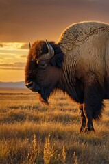 A majestic bison stands in a golden field at sunset, showcasing nature's beauty.
