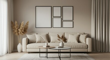 Minimalist living room, neutral tones, beige sofa, abstract wall art frames, dried pampas grass arrangement, modern coffee table, ceramic vase, table lamp, textured throw pillows, cozy interior design