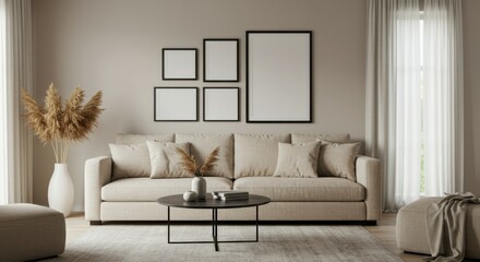 Minimalist living room, neutral tones, beige sofa, abstract wall art frames, dried pampas grass arrangement, modern coffee table, ceramic vase, table lamp, textured throw pillows, cozy interior design
