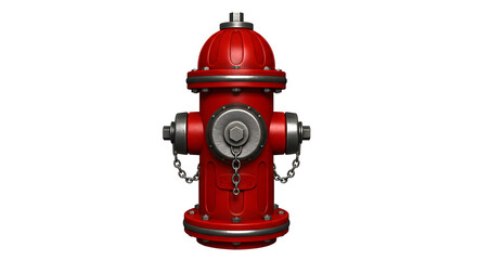 Fototapeta premium A Detailed 3D Render of a Classic Red Fire Hydrant Against a White Background, Showing its Metallic Components and Chains