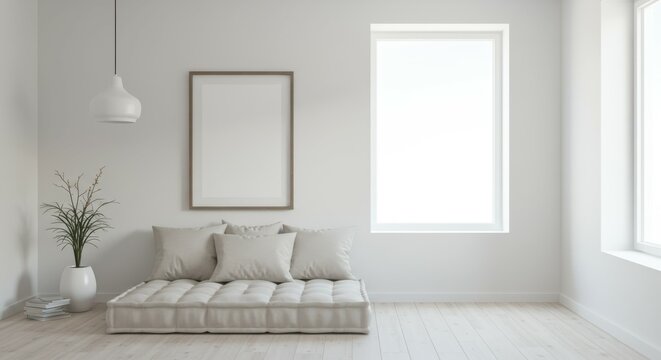 Minimalist living room, white brick walls, large window, natural light, gray modular sofa, pendant light, potted plant, hardwood floor, Scandinavian design, airy space, monochromatic color scheme, cle