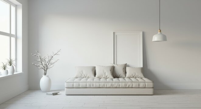 Minimalist living room, white brick walls, large window, natural light, gray modular sofa, pendant light, potted plant, hardwood floor, Scandinavian design, airy space, monochromatic color scheme, cle