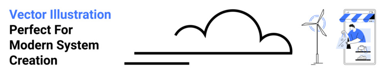 Wind turbine, cloud icon, and phone app interface for eco-friendly innovation, energy efficiency, and technology integration. Ideal for environment, renewable energy, cloud systems, apps minimalism