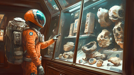 Photo depicting an alien explorer examining human artifacts in a museum, sparking conversations about the mysteries of space and time. Intergalactic Artifacts. Illustration