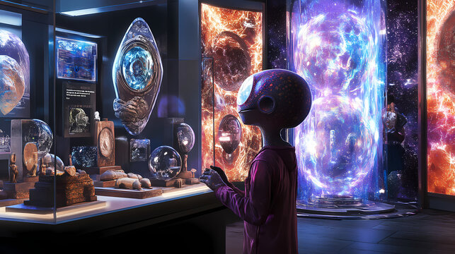 Photo depicting an alien explorer examining human artifacts in a museum, sparking conversations about the mysteries of space and time. Intergalactic Artifacts. Illustration