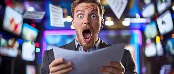 A news anchor reading outrageous April Fools headlines while bizarre things happen in the background, colorful set, exaggerated expressions