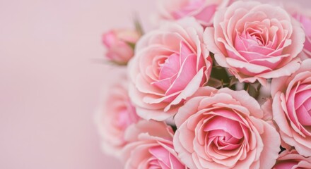 Fototapeta premium Delicate pink roses, soft focus, romantic pastel background, dreamy atmosphere, macro photography, high detail, gentle lighting, floral arrangement, bokeh effect, tender petals, vintage aesthetic, fem