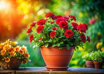 Naklejka premium Vibrant Red Potted Flowers in Full Bloom - Close-Up Stock Photo