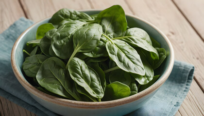 Bowl of fresh spinach leaves resting on a linen cloth, highlighting health and freshness in a rustic kitchen setting