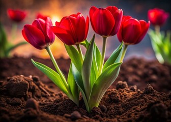 Fototapeta premium Vibrant Red Tulips Blooming in Dark Soil: A Symbol of Hope - Stock Photo