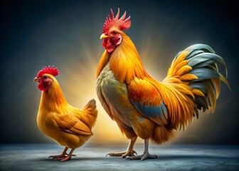 Fototapeta premium Vibrant Rooster and Hen: Colorful Farm Birds in Fashion Photography Style