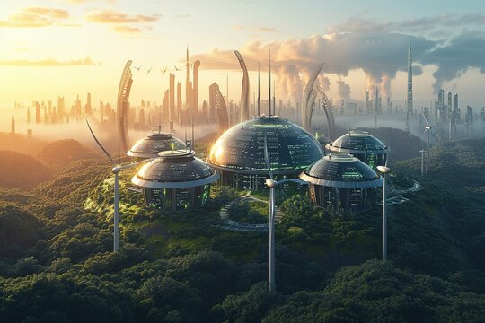 reneweable engery concept with wind turbins. - Powered by Adobe