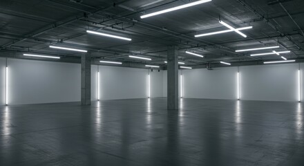 Naklejka premium Large empty warehouse, industrial space, concrete floor, geometric fluorescent lighting, minimalist architecture, high ceilings, stark interior, monochromatic gray, futuristic ambiance, clean lines, u