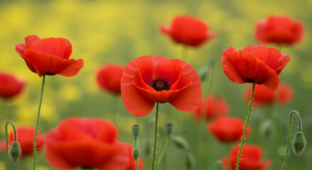 Obraz premium Stunning Red Poppies in a Vibrant Yellow Field: A Captivating Nature Scene