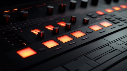 Close up view of a professional audio mixer featuring illuminated buttons and knobs, suggesting ongoing audio production or mixing activities in a music studio or similar environment